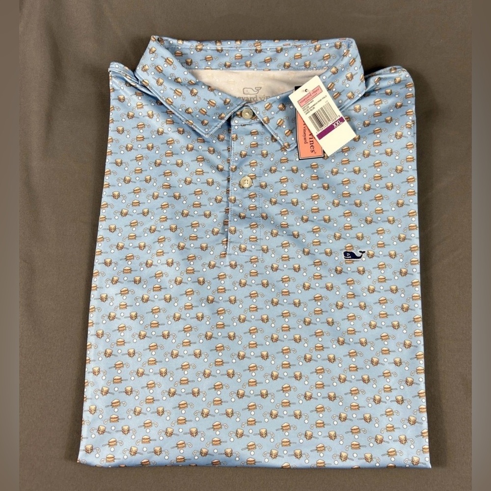 Vineyard Vines Golf Shirt Polo Club Sandwich Print XXL Blue Polyester